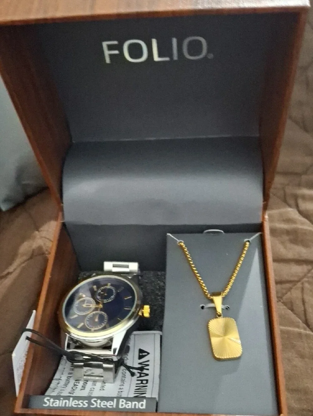 FOLIO Men’s Stainless Steel Watch & Gold Tone Pendant Necklace - Blue Dial